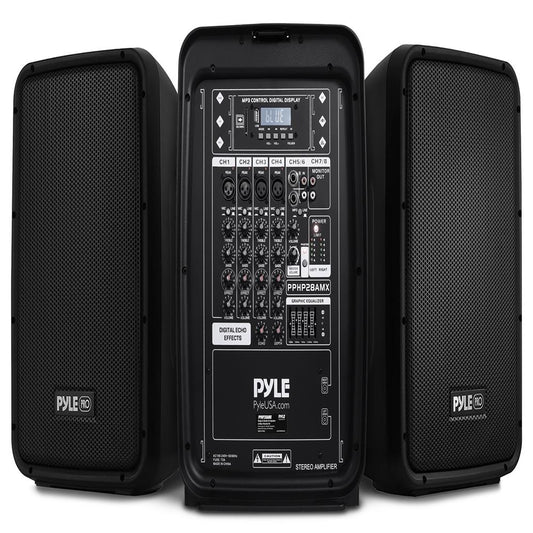 Pyle PA Speaker DJ Mixer Bundle - 300 W Portable Wireless Bluetooth Sound System w/ USB SD XLR 1/4" RCA Inputs - Dual Speaker, Mixer, Microphone, Stand, Cable - Home/Outdoor Party - PPHP28AMX,Black