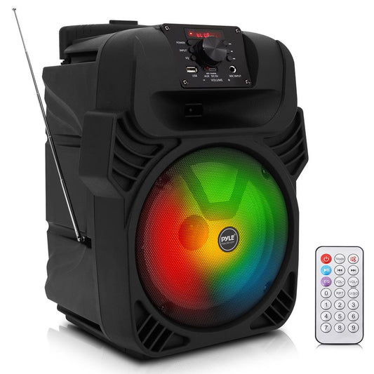 Pyle 400W Portable Bluetooth PA Loudspeaker - 8” Subwoofer System, 4 Ohm/55-20kHz, USB/MP3/FM Radio/ ¼ Mic Inputs, Multi-Color LED Lights, Built-in Rechargeable Battery w/ Remote Control -PPHP844B