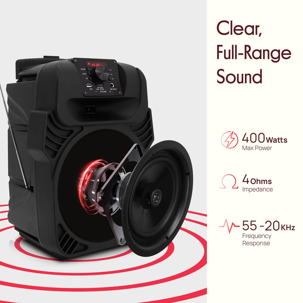 Pyle 400W Portable Bluetooth PA Loudspeaker - 8” Subwoofer System, 4 Ohm/55-20kHz, USB/MP3/FM Radio/ ¼ Mic Inputs, Multi-Color LED Lights, Built-in Rechargeable Battery w/ Remote Control -PPHP844B