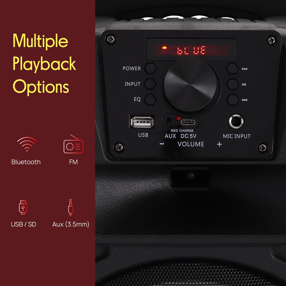 Pyle 400W Portable Bluetooth PA Loudspeaker - 8” Subwoofer System, 4 Ohm/55-20kHz, USB/MP3/FM Radio/ ¼ Mic Inputs, Multi-Color LED Lights, Built-in Rechargeable Battery w/ Remote Control -PPHP844B