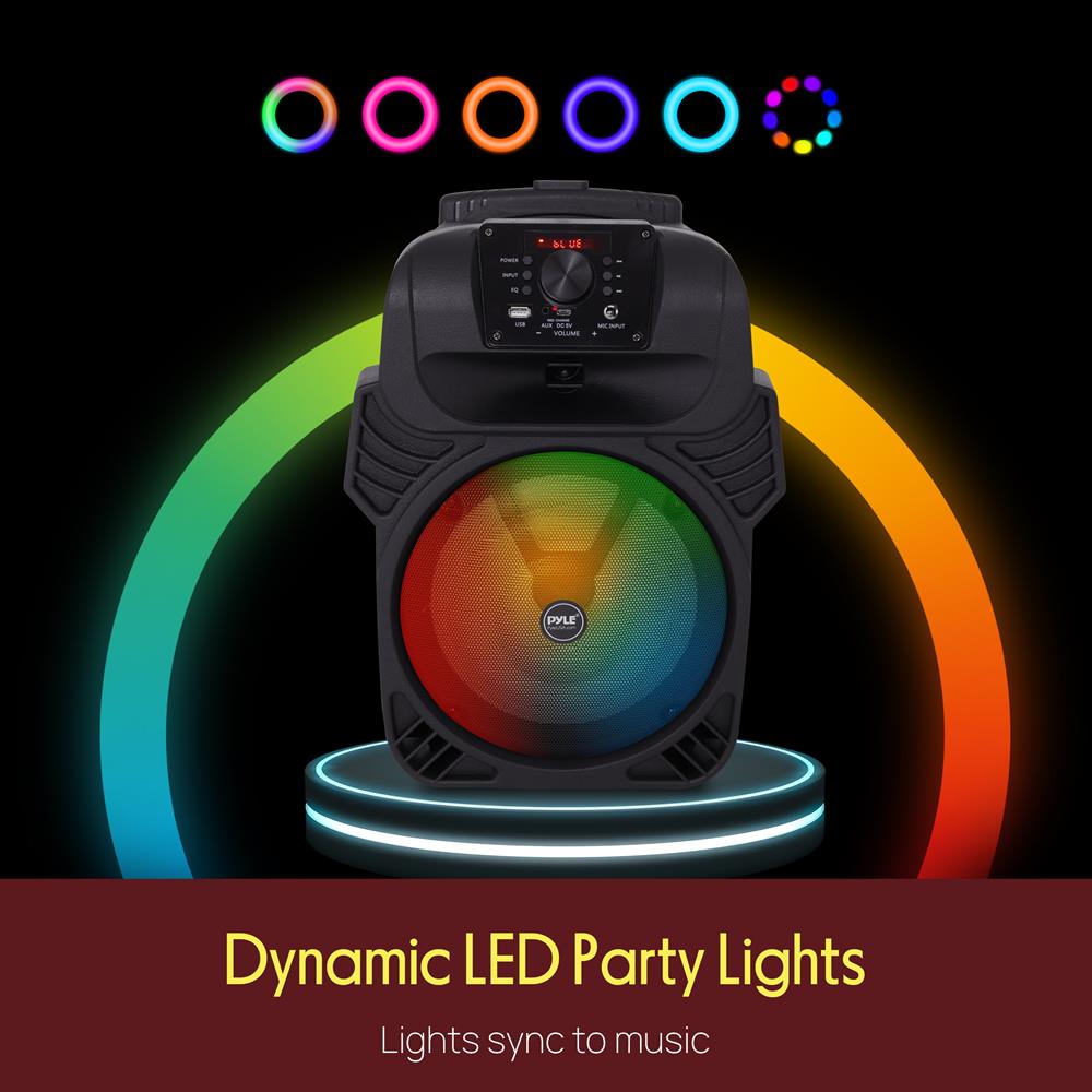 Pyle 400W Portable Bluetooth PA Loudspeaker - 8” Subwoofer System, 4 Ohm/55-20kHz, USB/MP3/FM Radio/ ¼ Mic Inputs, Multi-Color LED Lights, Built-in Rechargeable Battery w/ Remote Control -PPHP844B