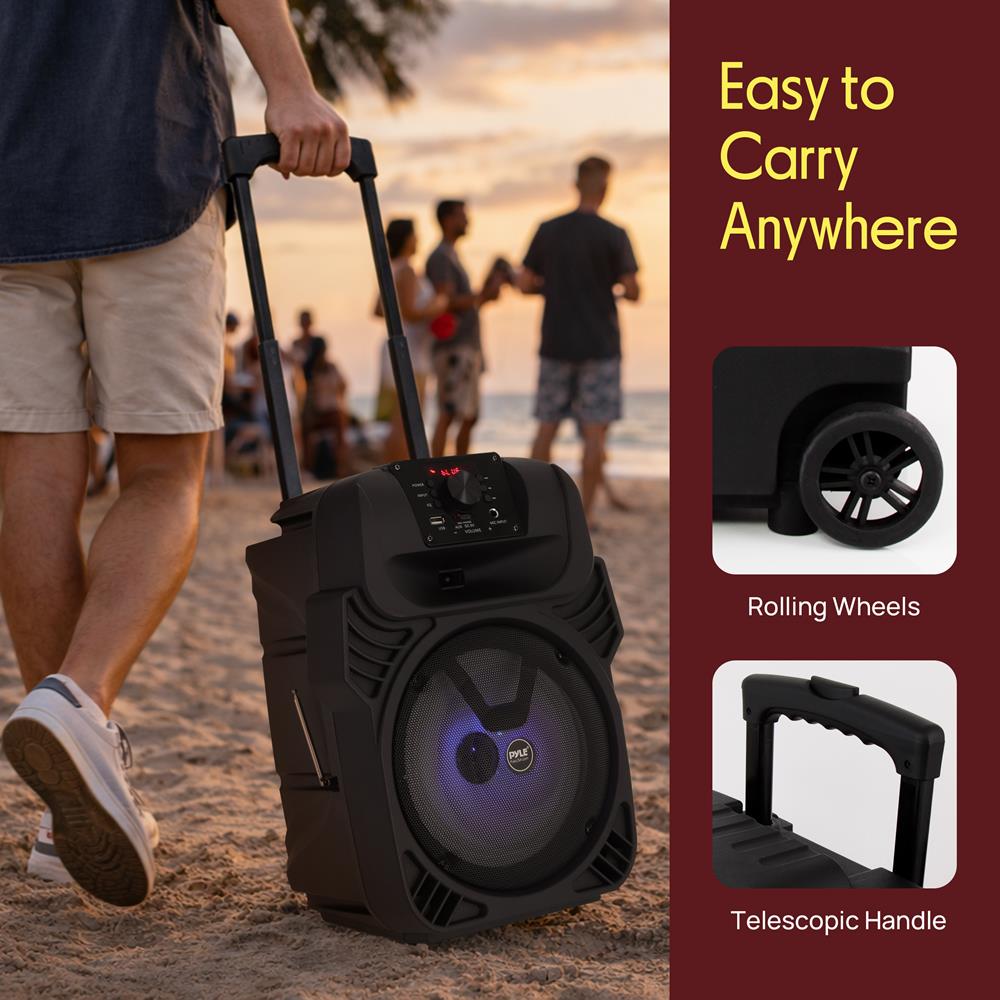 Pyle 400W Portable Bluetooth PA Loudspeaker - 8” Subwoofer System, 4 Ohm/55-20kHz, USB/MP3/FM Radio/ ¼ Mic Inputs, Multi-Color LED Lights, Built-in Rechargeable Battery w/ Remote Control -PPHP844B