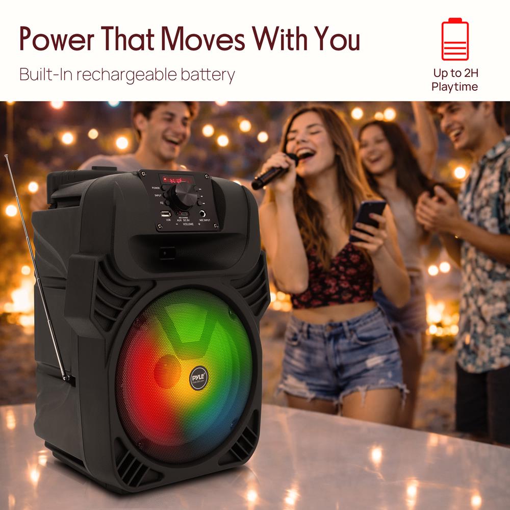 Pyle 400W Portable Bluetooth PA Loudspeaker - 8” Subwoofer System, 4 Ohm/55-20kHz, USB/MP3/FM Radio/ ¼ Mic Inputs, Multi-Color LED Lights, Built-in Rechargeable Battery w/ Remote Control -PPHP844B