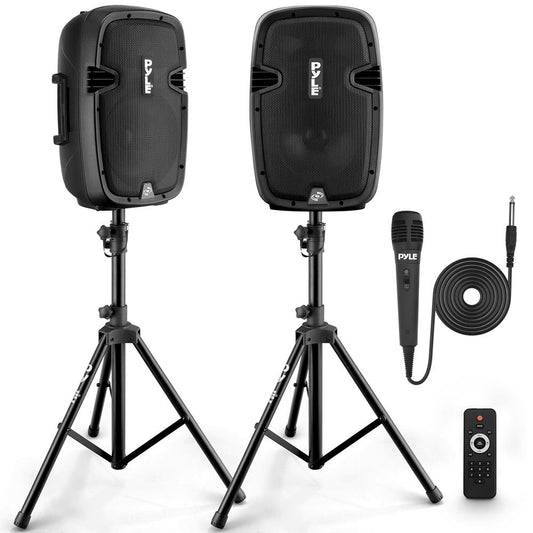 Pyle Powered Bluetooth PA Speaker Kit - Event Ready - Just Plug In and Play Active and Passive 350w Loudspeakers with Wired Microphone, Speaker Stands, Remote - MP3/USB/SD/AUX inputs - PPHP849KT