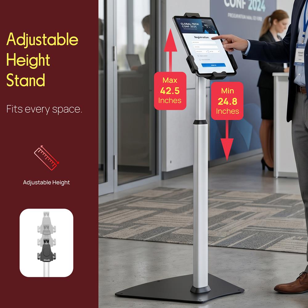 Pyle Anti-Theft Tablet Security Stand Kiosk-Heavy Duty Aluminum Metal Floor Standing Mount Tablet Case Holder Display w/Height Adjustable Pole,Fits iPad Mini 2 3 4 Air Samsung Tablets-Pyle PSPADLK60