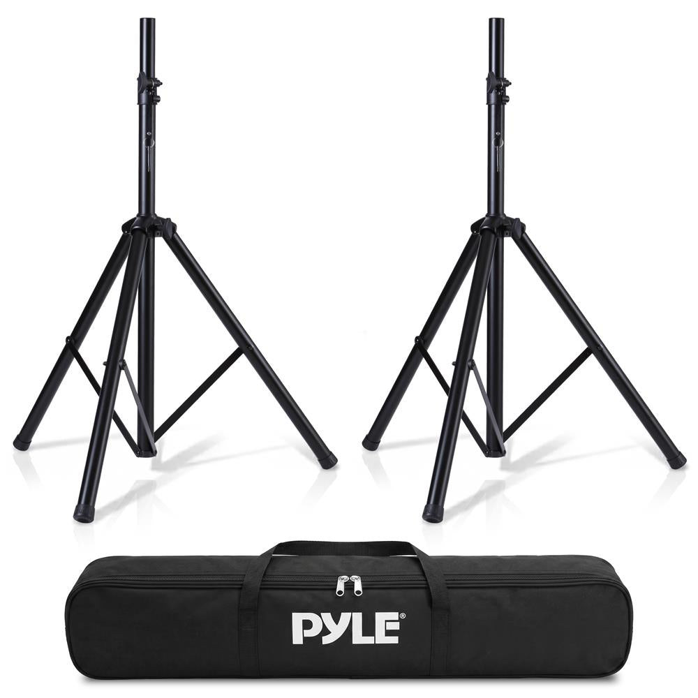 Pyle Universal Dual PA DJ Tripod 2 Speaker Stand Kit with Adjustable Height & Storage Bag Constructed with Heavy Duty Durable Steel & Lightweight for Easy Mobility Safety PIN Screw Locks PSTK107,Black