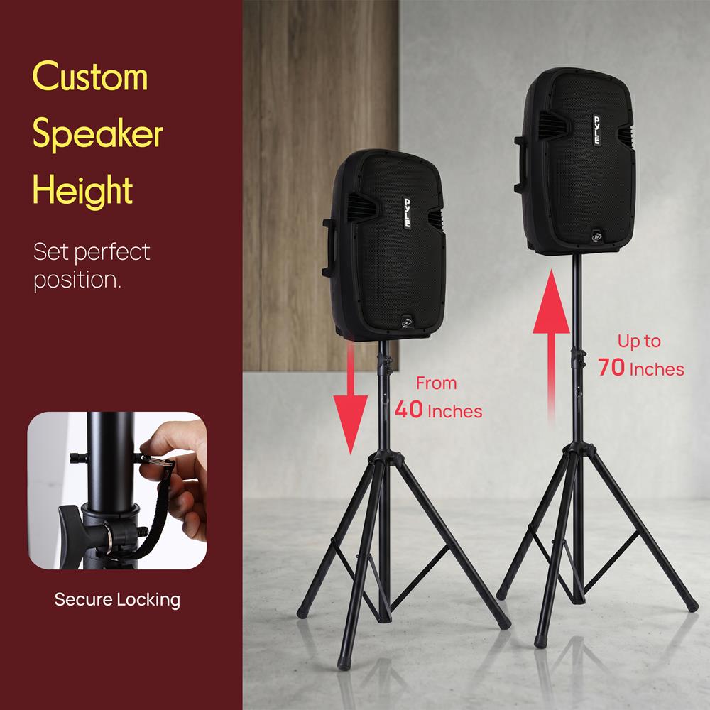 Pyle Universal Dual PA DJ Tripod 2 Speaker Stand Kit with Adjustable Height & Storage Bag Constructed with Heavy Duty Durable Steel & Lightweight for Easy Mobility Safety PIN Screw Locks PSTK107,Black