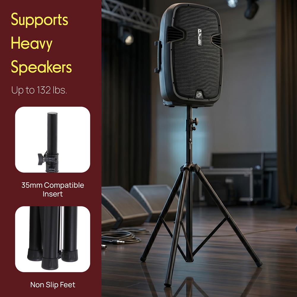 Pyle Universal Dual PA DJ Tripod 2 Speaker Stand Kit with Adjustable Height & Storage Bag Constructed with Heavy Duty Durable Steel & Lightweight for Easy Mobility Safety PIN Screw Locks PSTK107,Black