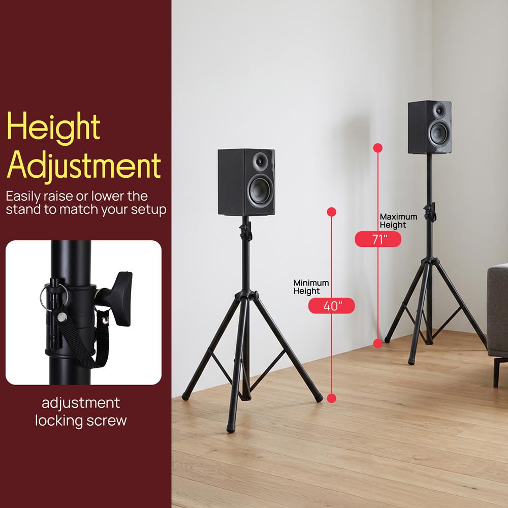 Pyle Universal Speaker Stand Mount Holder Heavy Duty Tripod w/ Adjustable Height from 40” to 71” and 35mm Compatible Insert Easy Mobility Safety Pin and Knob Tension Locking for Stability, Black