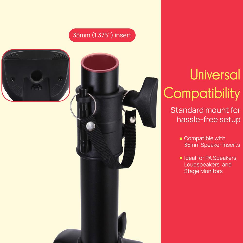 Pyle Universal Speaker Stand Mount Holder Heavy Duty Tripod w/ Adjustable Height from 40” to 71” and 35mm Compatible Insert Easy Mobility Safety Pin and Knob Tension Locking for Stability, Black
