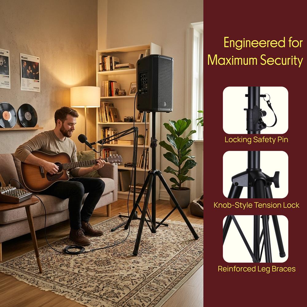 Pyle Universal Speaker Stand Mount Holder Heavy Duty Tripod w/ Adjustable Height from 40” to 71” and 35mm Compatible Insert Easy Mobility Safety Pin and Knob Tension Locking for Stability, Black