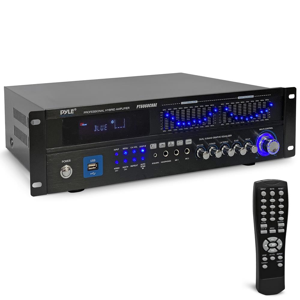 Pyle 2000W Bluetooth 5.0 - 6-Channel Home Amplifier - Rack Mount Stereo Receiver with Radio - USB/AUX/RCA/Mic - Optical/Coaxial - AC-3 - DVD Inputs - Dual 10-Band EQ - PT6060CHAE