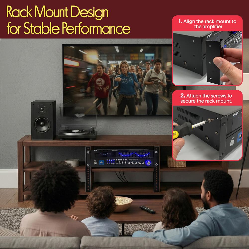 Pyle 2000W Bluetooth 5.0 - 6-Channel Home Amplifier - Rack Mount Stereo Receiver with Radio - USB/AUX/RCA/Mic - Optical/Coaxial - AC-3 - DVD Inputs - Dual 10-Band EQ - PT6060CHAE