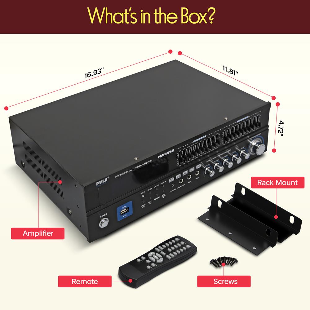 Pyle 2000W Bluetooth 5.0 - 6-Channel Home Amplifier - Rack Mount Stereo Receiver with Radio - USB/AUX/RCA/Mic - Optical/Coaxial - AC-3 - DVD Inputs - Dual 10-Band EQ - PT6060CHAE