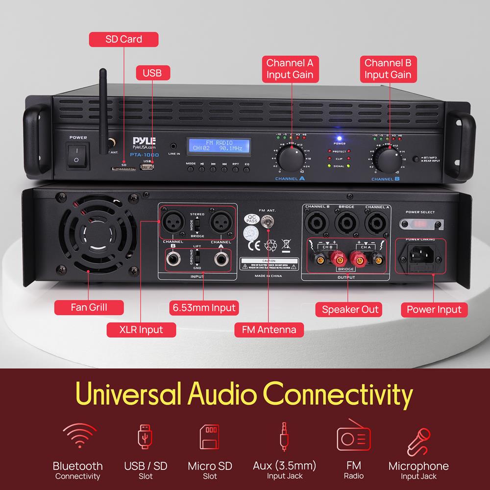 Pyle 2000W 2-Channel Bluetooth 5.0 Power Amplifier - Bridgeable Rack-Mount Pro Audio Receiver with TRS/XLR Input - LCD Display - Cooling Fan - Bridge Mode - 4-8 Ohm Speakers - PTA1000BT