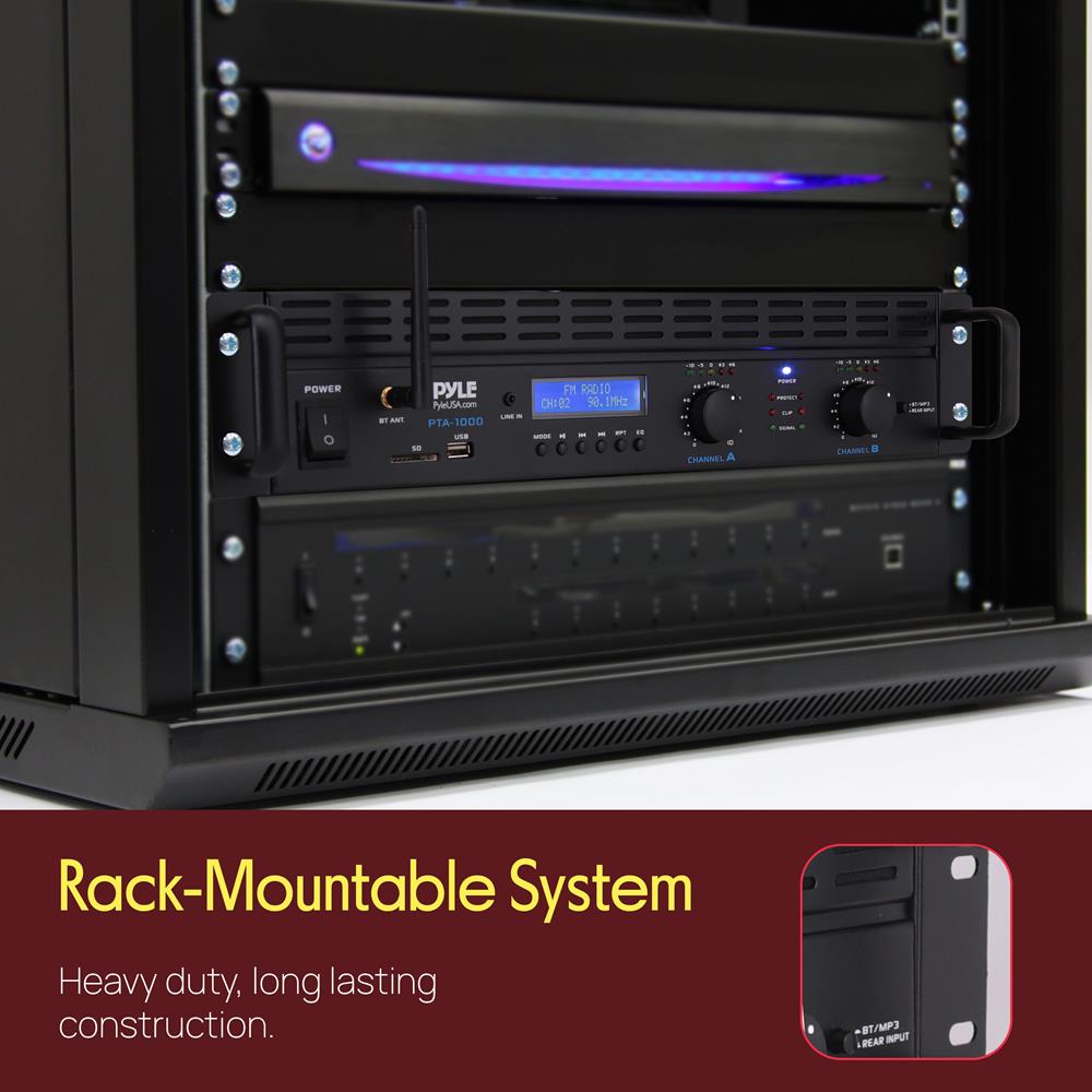 Pyle 2000W 2-Channel Bluetooth 5.0 Power Amplifier - Bridgeable Rack-Mount Pro Audio Receiver with TRS/XLR Input - LCD Display - Cooling Fan - Bridge Mode - 4-8 Ohm Speakers - PTA1000BT