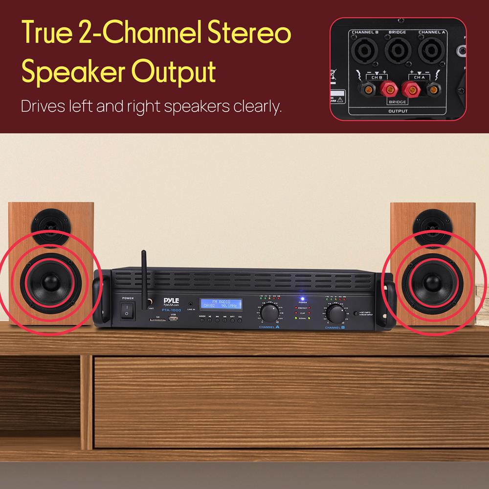 Pyle 2000W 2-Channel Bluetooth 5.0 Power Amplifier - Bridgeable Rack-Mount Pro Audio Receiver with TRS/XLR Input - LCD Display - Cooling Fan - Bridge Mode - 4-8 Ohm Speakers - PTA1000BT