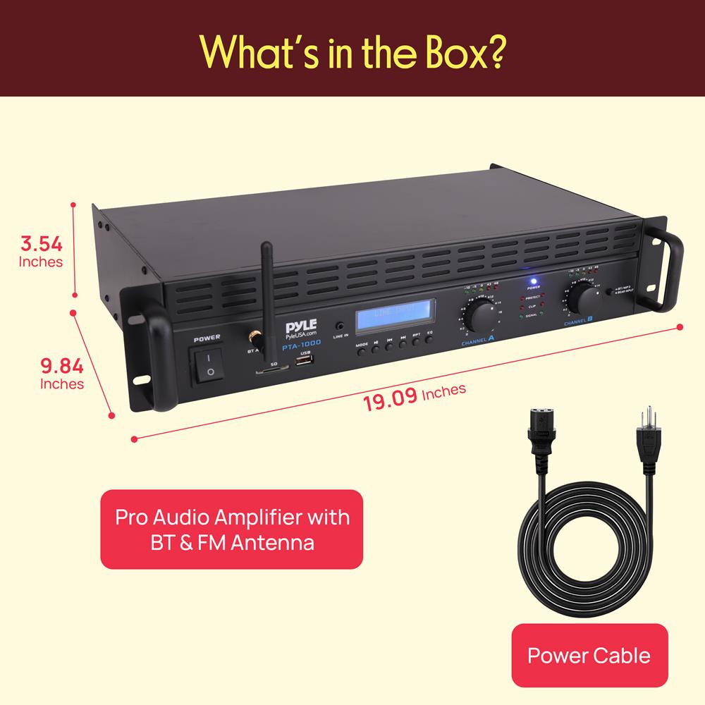 Pyle 2000W 2-Channel Bluetooth 5.0 Power Amplifier - Bridgeable Rack-Mount Pro Audio Receiver with TRS/XLR Input - LCD Display - Cooling Fan - Bridge Mode - 4-8 Ohm Speakers - PTA1000BT