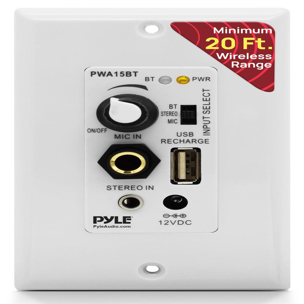 Pyle Wireless BT Receiver Wall Mount - 100W In-Wall Audio Control Receiver w/ Built-in Amplifier, USB/Microphone/Aux (3.5mm) Inputs, Speaker Terminal Block, Connect 2 Speakers, White - PWA15BT