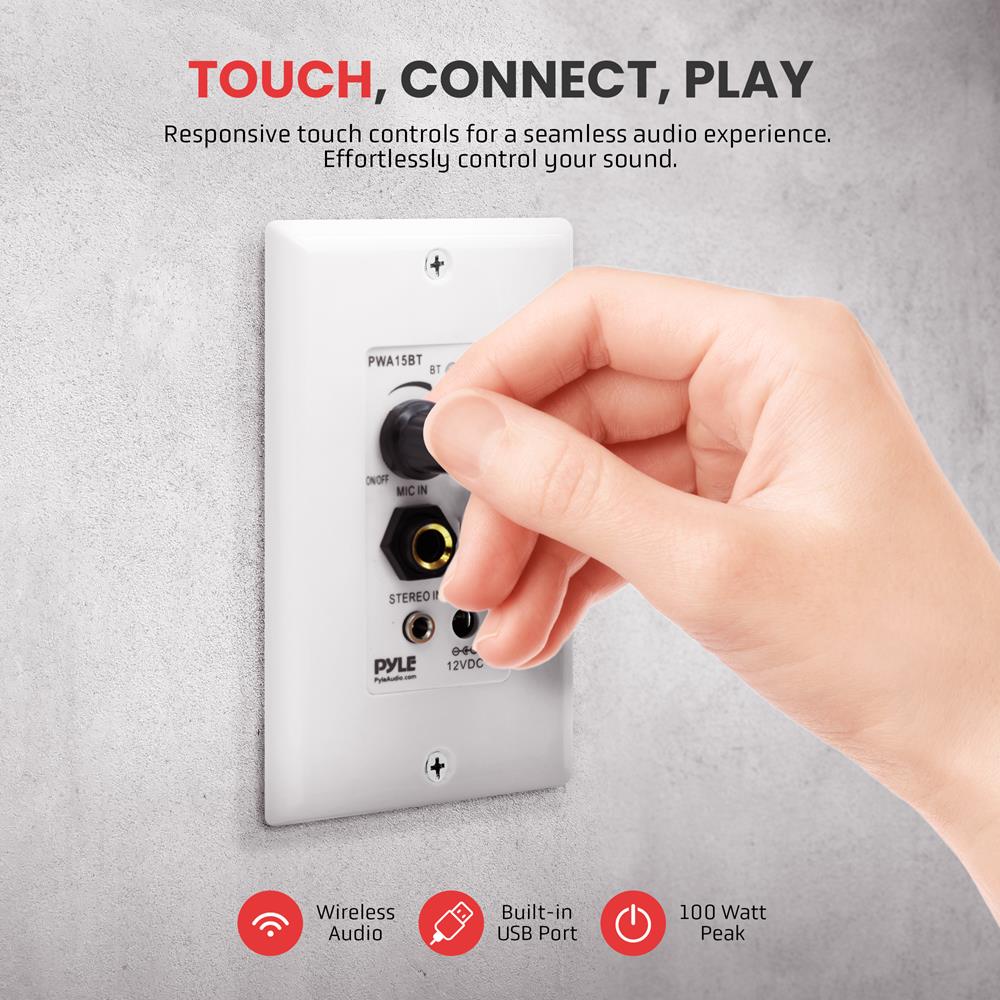 Pyle Wireless BT Receiver Wall Mount - 100W In-Wall Audio Control Receiver w/ Built-in Amplifier, USB/Microphone/Aux (3.5mm) Inputs, Speaker Terminal Block, Connect 2 Speakers, White - PWA15BT