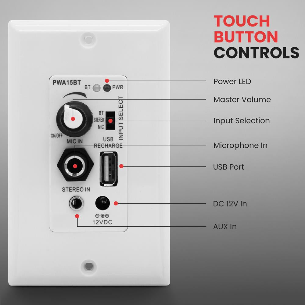 Pyle Wireless BT Receiver Wall Mount - 100W In-Wall Audio Control Receiver w/ Built-in Amplifier, USB/Microphone/Aux (3.5mm) Inputs, Speaker Terminal Block, Connect 2 Speakers, White - PWA15BT