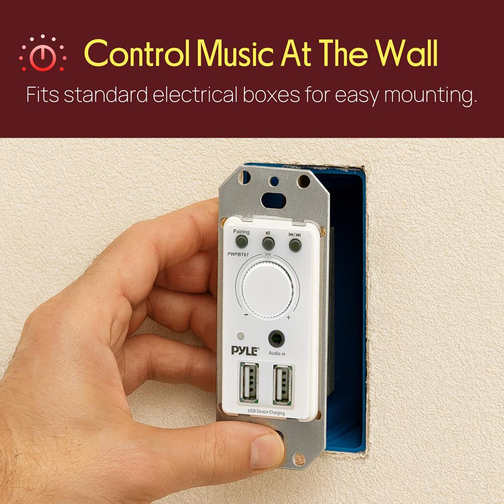 Pyle Bluetooth Receiver Wall Mount - In-Wall Audio Control Receiver w/ Dual USB Charging Port, 3.5mm AUX Input for Sound Systems - For Home Theater Entertainment - Includes DC Power Adaptor - PWPBT67