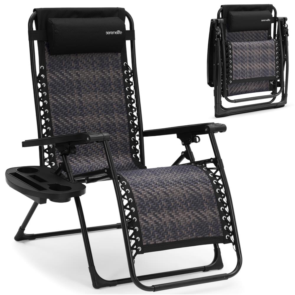 SereneLife Zero Gravity Chairs - Rattan Lawn Chairs With Adjustable Canopy - Outdoor Lounge Chairs with Detachable Cup Holder Tray - Foldable Outdoor Chair with Removable Pillows - 1, Black