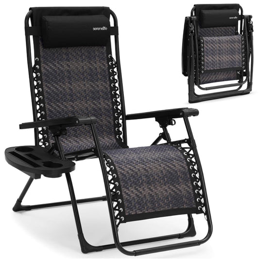 SereneLife Zero Gravity Chairs - Rattan Lawn Chairs With Adjustable Canopy - Outdoor Lounge Chairs with Detachable Cup Holder Tray - Foldable Outdoor Chair with Removable Pillows - 1, Black