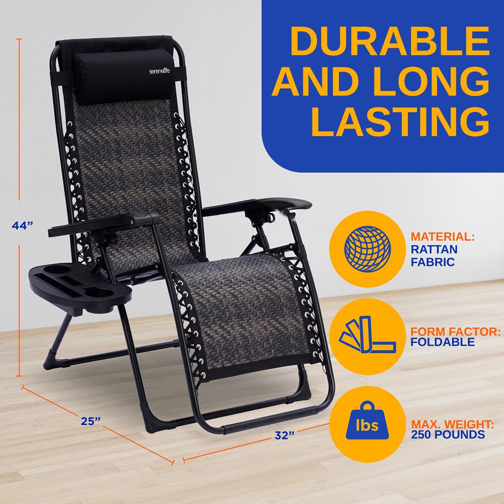 SereneLife Zero Gravity Chairs - Rattan Lawn Chairs With Adjustable Canopy - Outdoor Lounge Chairs with Detachable Cup Holder Tray - Foldable Outdoor Chair with Removable Pillows - 1, Black