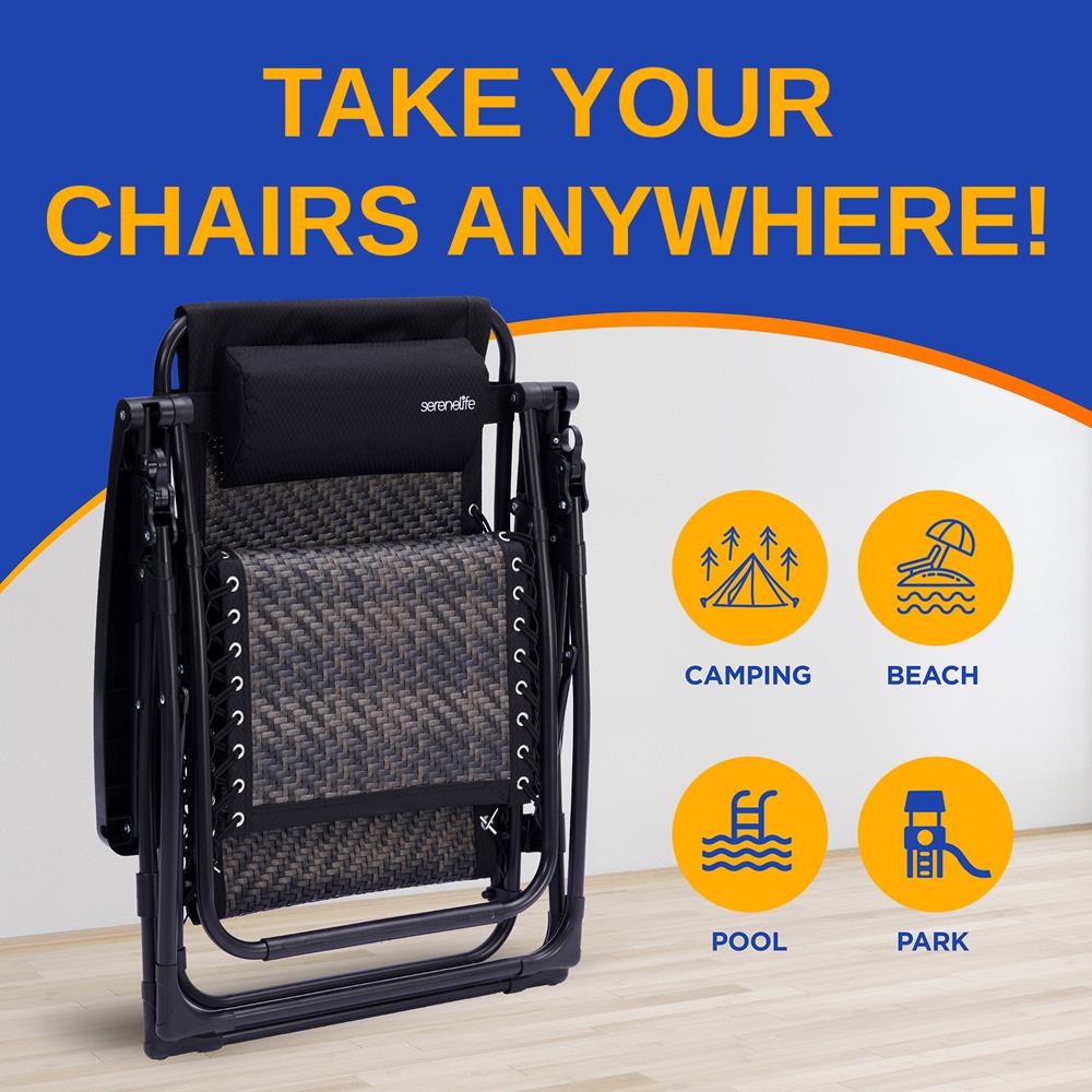 SereneLife Zero Gravity Chairs - Rattan Lawn Chairs With Adjustable Canopy - Outdoor Lounge Chairs with Detachable Cup Holder Tray - Foldable Outdoor Chair with Removable Pillows - 1, Black