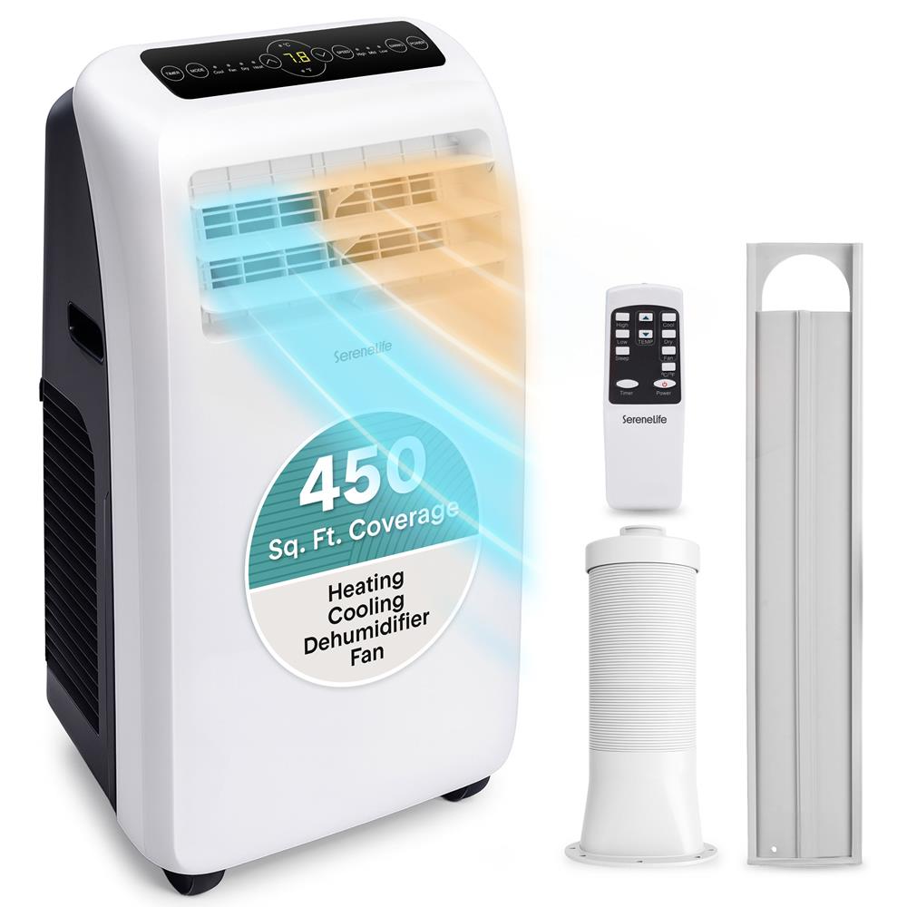 SereneLife Small Air Conditioner Portable 10,000 BTU with Built-in Dehumidifier + Heat - Portable AC unit for rooms up to 450 sq ft - Remote Control, Window Mount Exhaust Kit