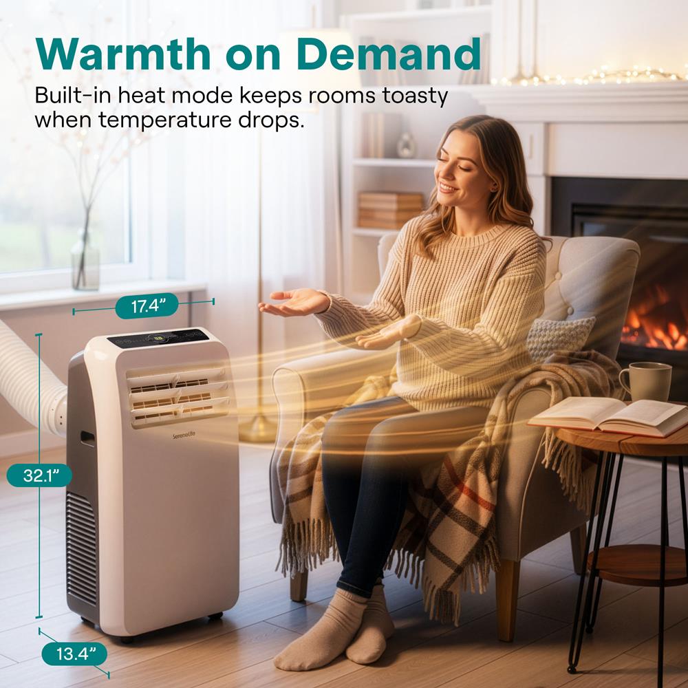 SereneLife Small Air Conditioner Portable 10,000 BTU with Built-in Dehumidifier + Heat - Portable AC unit for rooms up to 450 sq ft - Remote Control, Window Mount Exhaust Kit