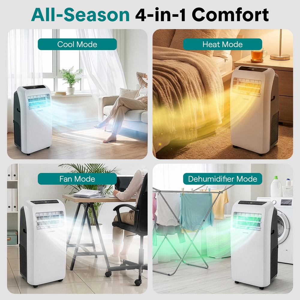 SereneLife Small Air Conditioner Portable 10,000 BTU with Built-in Dehumidifier + Heat - Portable AC unit for rooms up to 450 sq ft - Remote Control, Window Mount Exhaust Kit