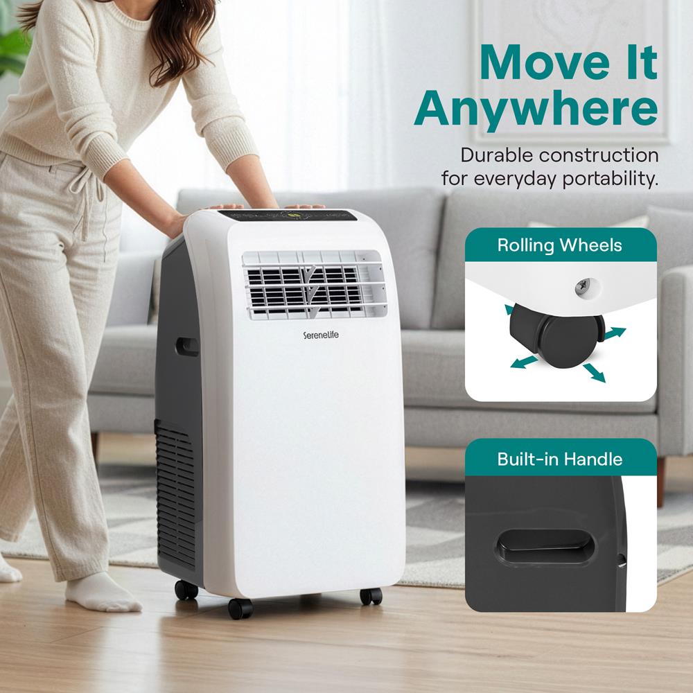 SereneLife Small Air Conditioner Portable 10,000 BTU with Built-in Dehumidifier + Heat - Portable AC unit for rooms up to 450 sq ft - Remote Control, Window Mount Exhaust Kit