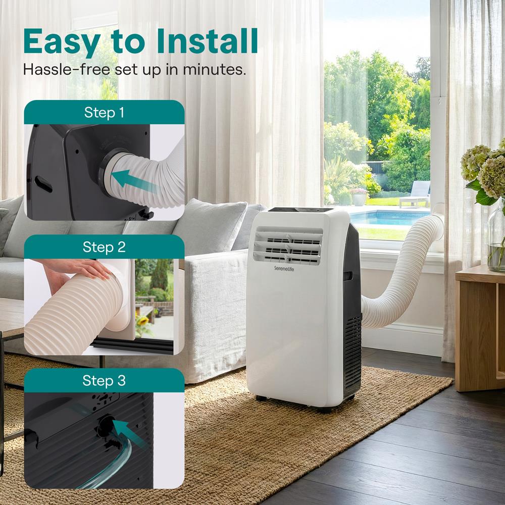 SereneLife Small Air Conditioner Portable 10,000 BTU with Built-in Dehumidifier + Heat - Portable AC unit for rooms up to 450 sq ft - Remote Control, Window Mount Exhaust Kit