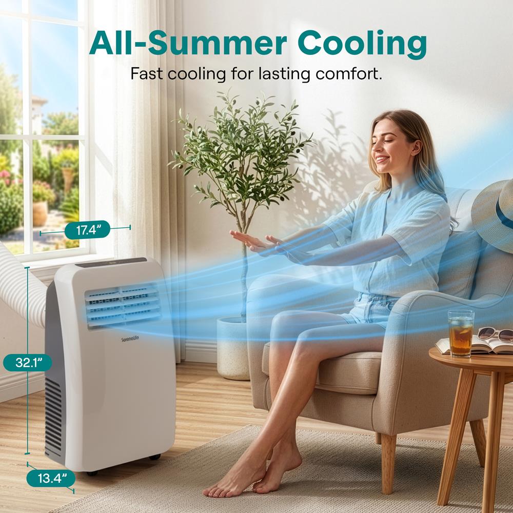 SereneLife Small Air Conditioner Portable 12,000 BTU with Built-in Dehumidifier + Heat - Portable AC unit for rooms up to 550 sq ft - Remote Control, Window Mount Exhaust Kit