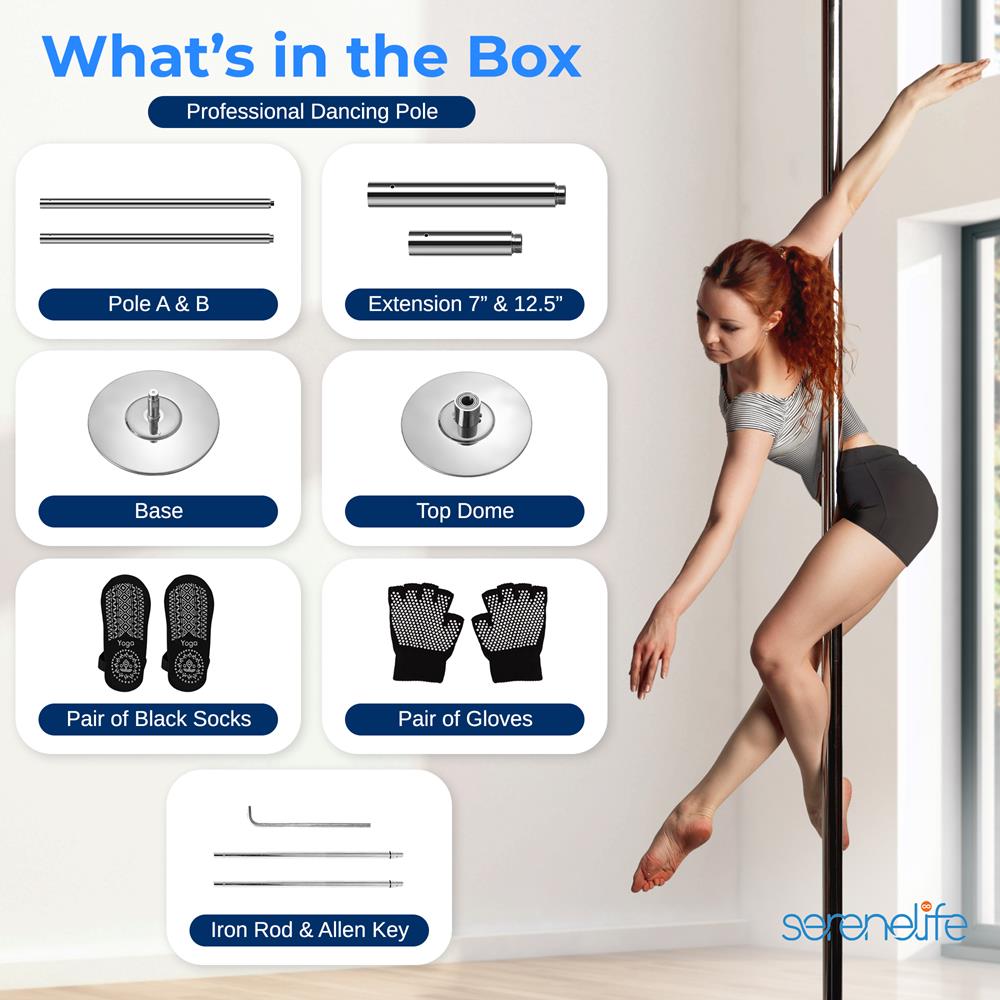SereneLife Professional Spinning Dance Pole with Lights, 45mm Portable Exercise Pole for Fitness – Durable Steel Build, Anti-Rust Finish, Suitable for Home, Club, Gym, Party, Pub