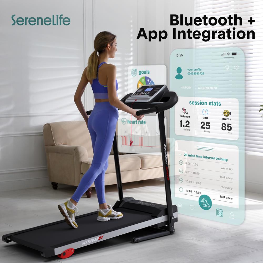 SereneLife Folding Treadmill - Foldable Home Fitness Equipment with LCD for Walking & Running, 6 MPH Speed, 1HP Motor, Cardio Machine, 4 Manual Incline Levels, 12 Programs, Bluetooth, 265lbs Capacity