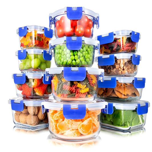 SereneLife 24 Piece Glass Storage Containers with Lids, 12 Pack Glass Meal Prep Container Set for Lunch, Kitchen Storage, Food Storage, Leak Proof, Freezer Safe and Dishwasher Safe, Blue