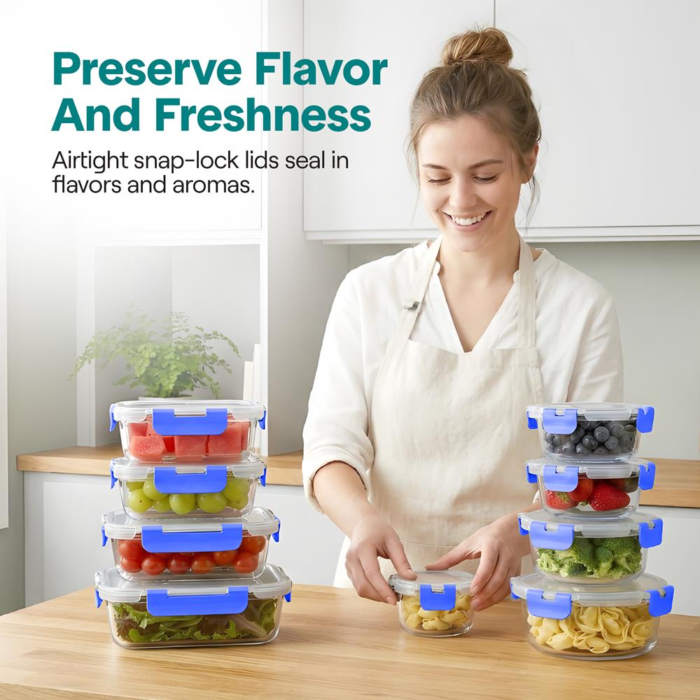 SereneLife 24 Piece Glass Storage Containers with Lids, 12 Pack Glass Meal Prep Container Set for Lunch, Kitchen Storage, Food Storage, Leak Proof, Freezer Safe and Dishwasher Safe, Blue