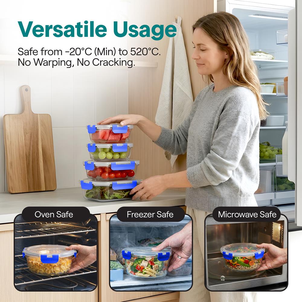SereneLife 24 Piece Glass Storage Containers with Lids, 12 Pack Glass Meal Prep Container Set for Lunch, Kitchen Storage, Food Storage, Leak Proof, Freezer Safe and Dishwasher Safe, Blue