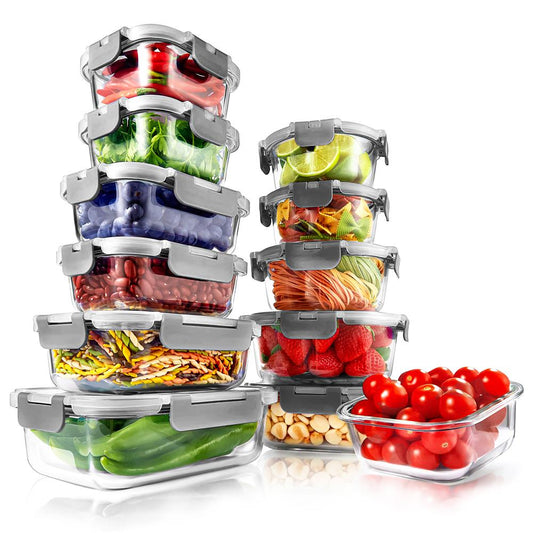 SereneLife 24 Piece Glass Storage Containers with Lids, 12 Pack Glass Meal Prep Container Set for Lunch, Kitchen Storage, Food Storage, Leak Proof, Freezer Safe and Dishwasher Safe, Gray