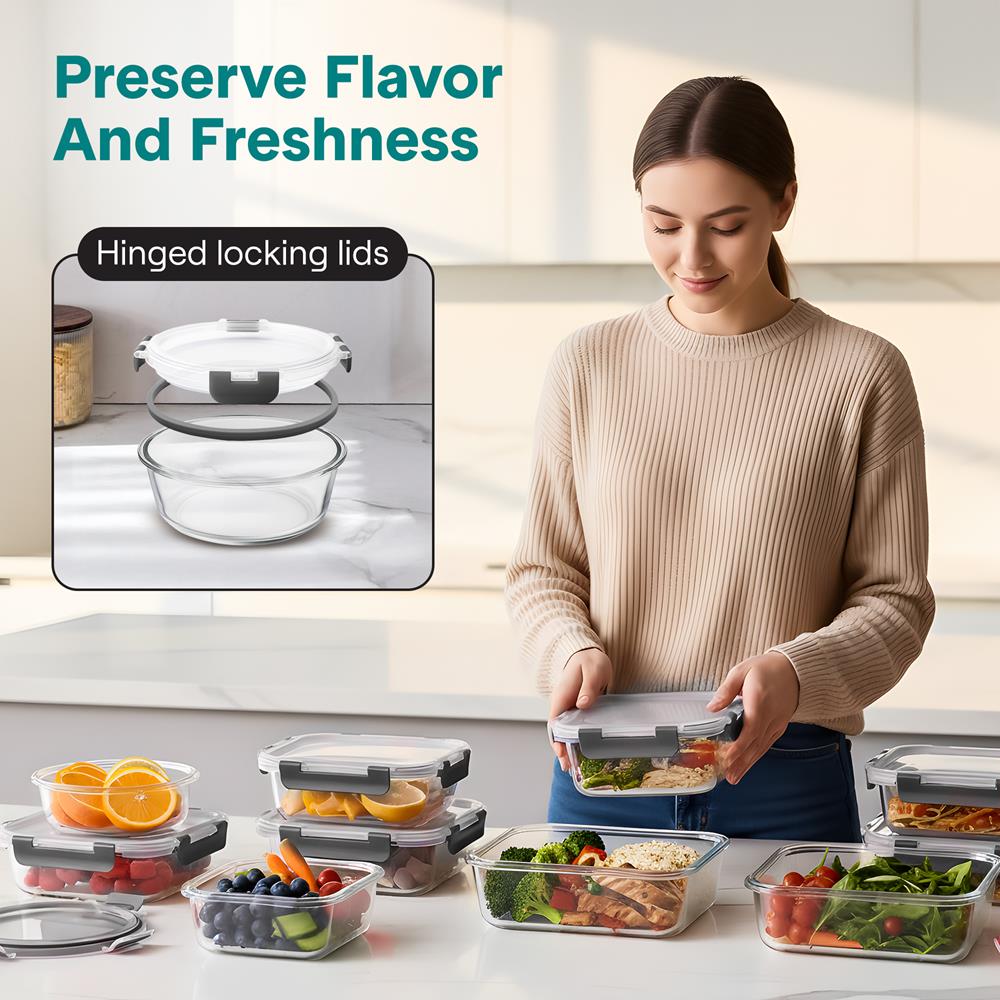 SereneLife 24 Piece Glass Storage Containers with Lids, 12 Pack Glass Meal Prep Container Set for Lunch, Kitchen Storage, Food Storage, Leak Proof, Freezer Safe and Dishwasher Safe, Gray