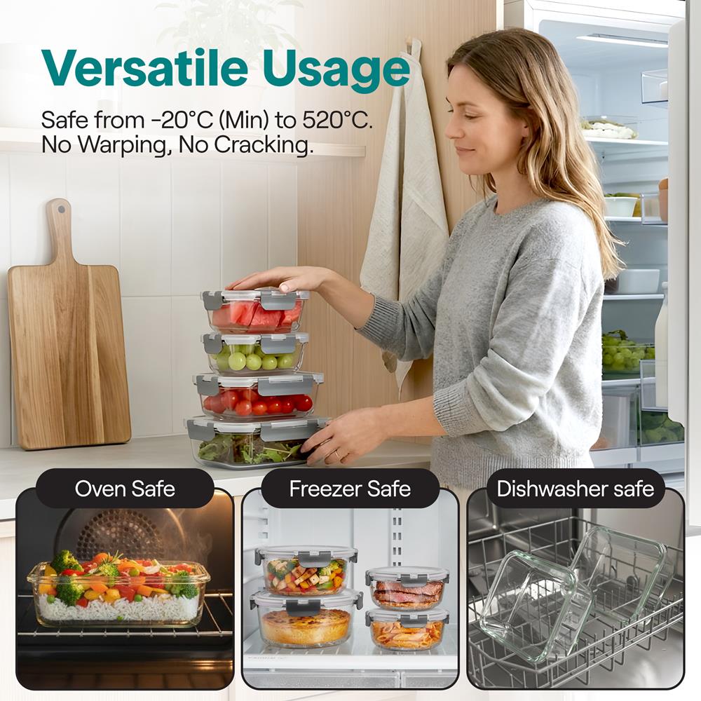 SereneLife 24 Piece Glass Storage Containers with Lids, 12 Pack Glass Meal Prep Container Set for Lunch, Kitchen Storage, Food Storage, Leak Proof, Freezer Safe and Dishwasher Safe, Gray