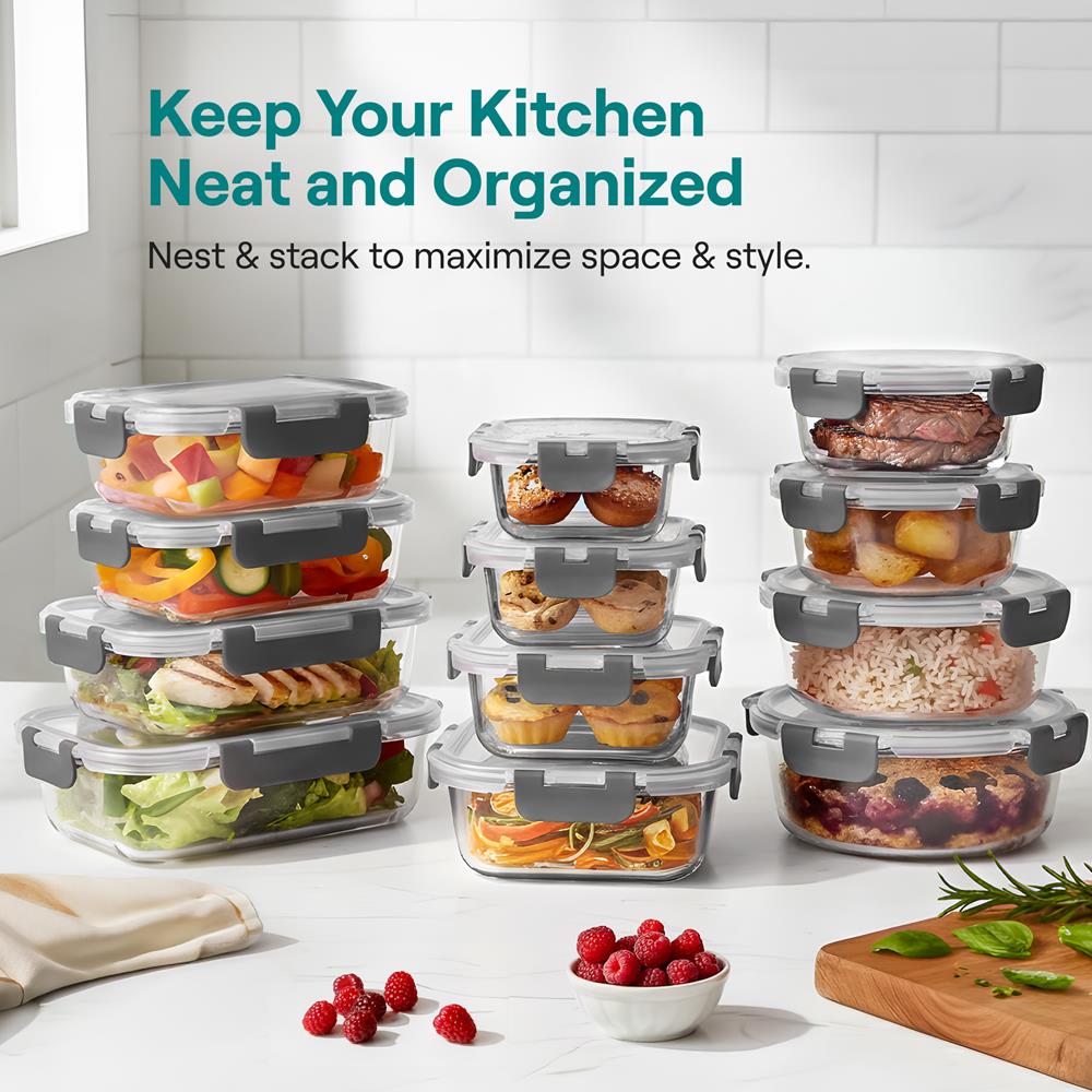 SereneLife 24 Piece Glass Storage Containers with Lids, 12 Pack Glass Meal Prep Container Set for Lunch, Kitchen Storage, Food Storage, Leak Proof, Freezer Safe and Dishwasher Safe, Gray