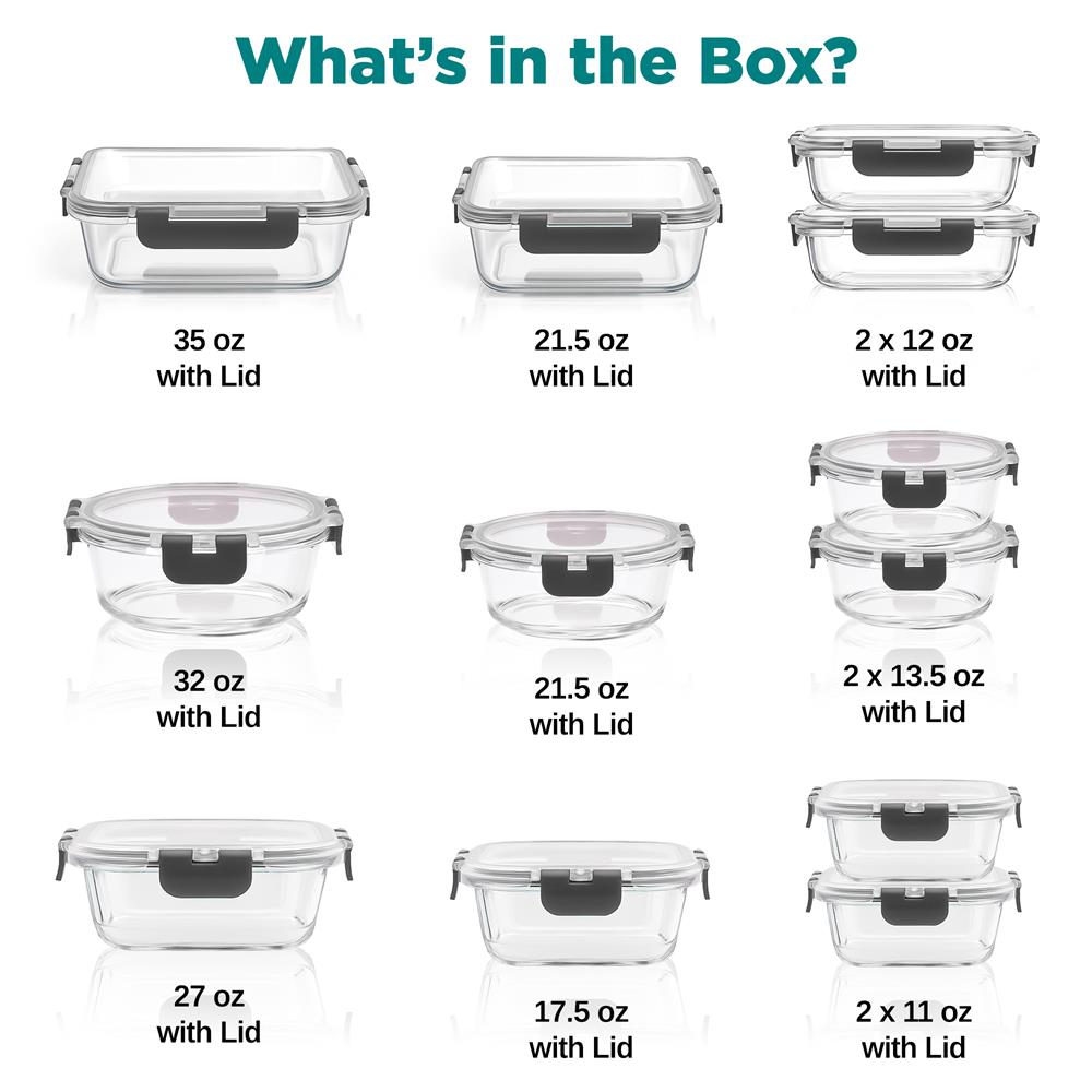 SereneLife 24 Piece Glass Storage Containers with Lids, 12 Pack Glass Meal Prep Container Set for Lunch, Kitchen Storage, Food Storage, Leak Proof, Freezer Safe and Dishwasher Safe, Gray