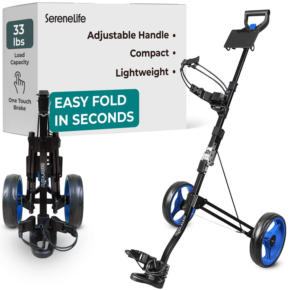 SereneLife 2-Wheel Golf Push Cart – Lightweight Foldable Aluminum Pull Trolley with Elastic Straps, Adjustable Handle, Quick Brake & Compact Design – Easy Storage Golf Caddy with 33 lb Load Capacity