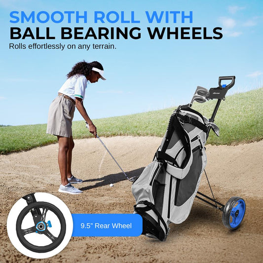 SereneLife 2-Wheel Golf Push Cart – Lightweight Foldable Aluminum Pull Trolley with Elastic Straps, Adjustable Handle, Quick Brake & Compact Design – Easy Storage Golf Caddy with 33 lb Load Capacity