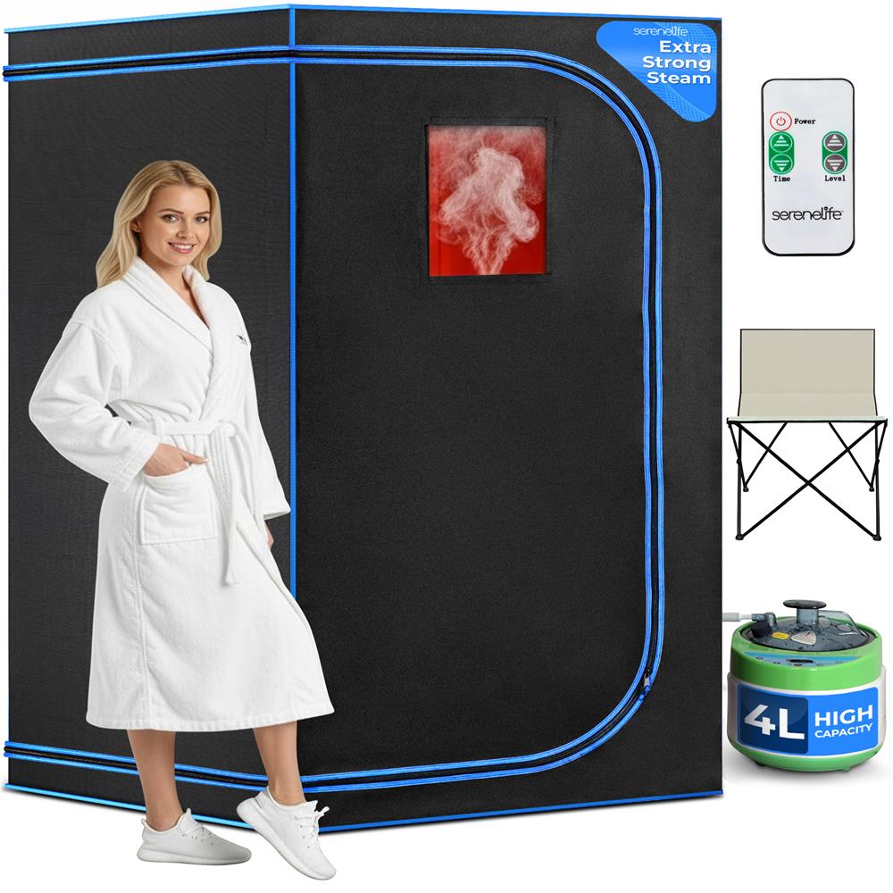SereneLife Portable Sauna Box for Home, Steam Sauna Tent with Extra Large 4L Steamer - Includes Folding Sauna Chair, Remote Control w/ 9 Heat Levels for in-Home Spa - 2.95' x 2.95' x 5.9'