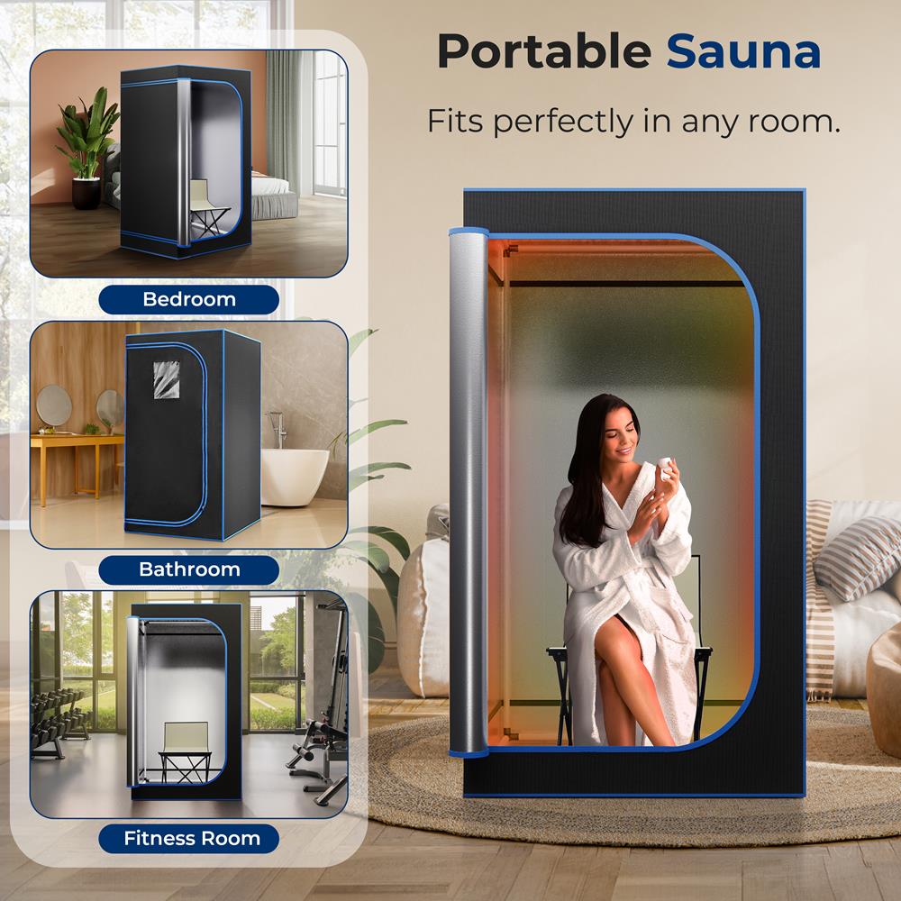 SereneLife Portable Sauna Box for Home, Steam Sauna Tent with Extra Large 4L Steamer - Includes Folding Sauna Chair, Remote Control w/ 9 Heat Levels for in-Home Spa - 2.95' x 2.95' x 5.9'